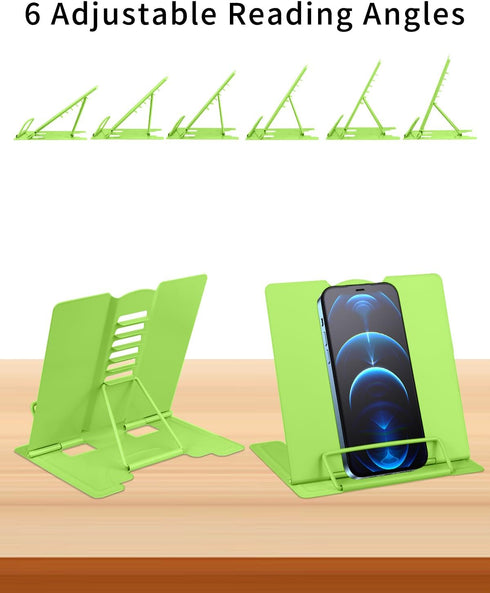 MSDADA Small Desk Book Stand: Adjustable Metal Cookbook Holder for Recipes, Textbooks, Portable (Green)