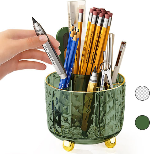 Dark Green 360° Rotating Pen Pencil Holder, Cute Desk Organizer with 6 Compartments, Green Office Supplies