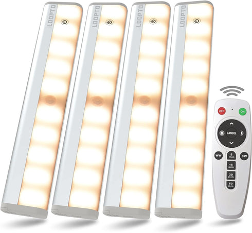 LDOPTO Motion Sensor Under Cabinet Lights with Remote 4 Pack, Dimmable Battery
