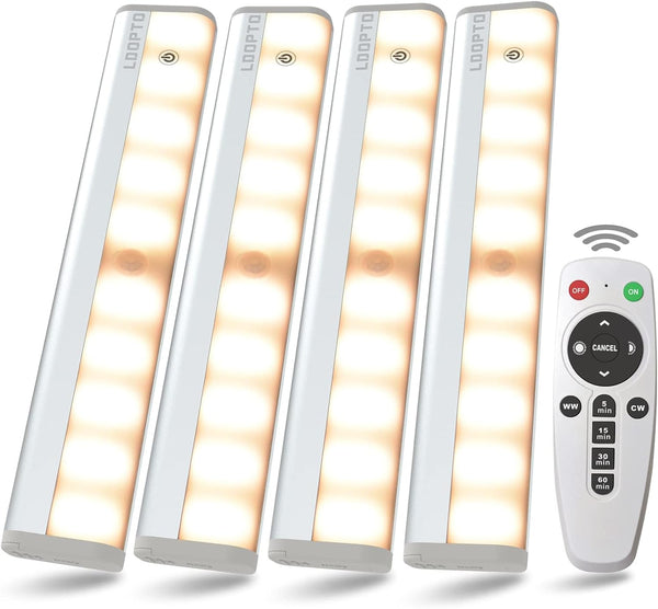 LDOPTO Motion Sensor Under Cabinet Lights with Remote 4 Pack, Dimmable Battery