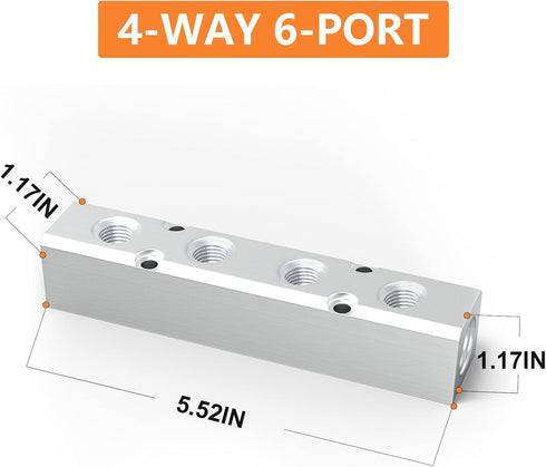 GASHER 2PCS Aluminum 4 Way 6 Port Pneumatic Manifold Air Distribution Block Splitter 1/4" Output Port 1/2" Supply Port by GASHER