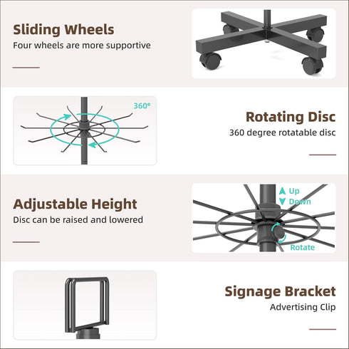 7 Retail Display Racks Tier Spinning Display Stand, Movable Shop Spinner Rack with Hooks, Retail Display Stand