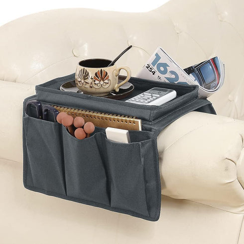 Sofa Armrest Organizer with Top Tray, 5 Pockets for Couch Recliner, Foldable Bedside Caddy Storage Bag (Grey)