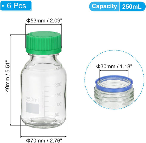 PATIKIL 6 Pack Reagent Media Storage Bottles, 250ml Borosilicate Glass Graduated Round Bottles with GL32 Green Cap