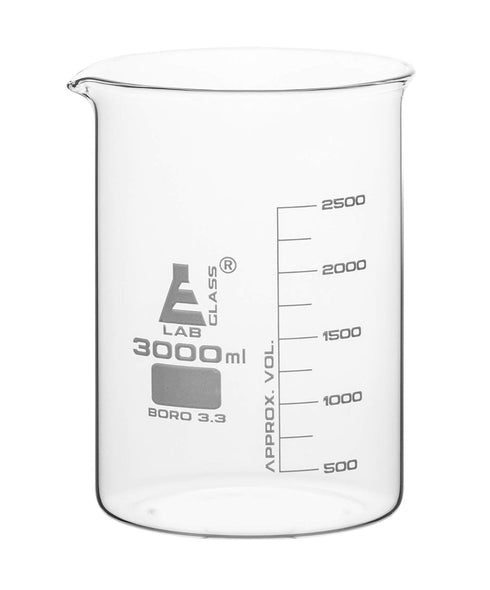 EISCO Beaker, 3000ml Low Form with Spout, White, 250ml Graduations, Borosilicate 3.3 Glass
