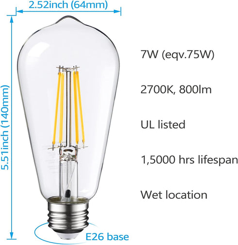 TORCHSTAR ST64 Dusk to Dawn Light Bulbs, Vintage LED Edison, 7W Equivalent 75W, Auto On/Off, E26 Base, Pack of 6