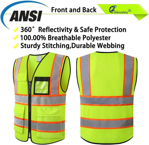Reflective Mesh Safety Vest for Men Women, 8 Pockets, Zipper Front, High Visibility Hi Vis Construction Vest, ANSI/ISEA