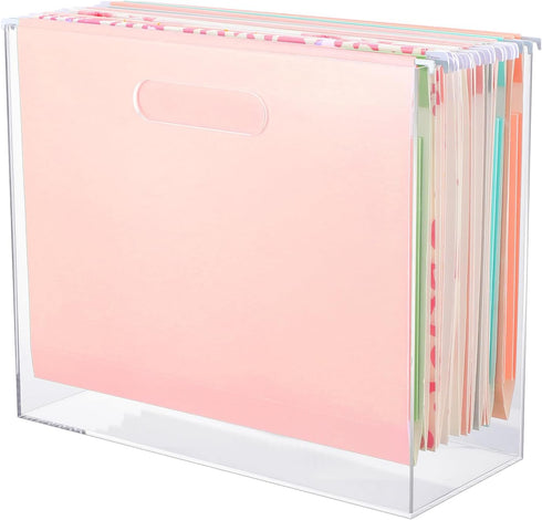 Hanging File Organizer Box - Acrylic File Folder Organizer for Letter Size Folders with Handles, Clear Desk Hanging