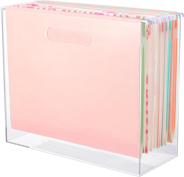 Hanging File Organizer Box - Acrylic File Folder Organizer for Letter Size Folders with Handles, Clear Desk Hanging