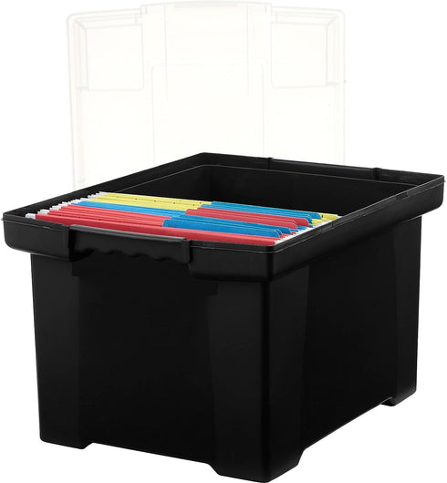 Storex Plastic File Tote Storage Box, Black/Silver, Letter/Legal Size, Snap-On Lid