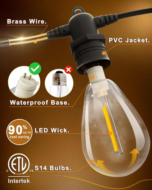 Jerritte 60FT 16+1 IP65 Bulbs, 2700K Dimmable Commercial LED Outdoor String Lights with Edison Shatterproof Waterproof