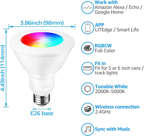 PAR30 Bulbs, 10W, 60W 2000K-5000K E26 TORCHSTAR WiFi Smart Spotlight RGB LED Color Changing Light, Google Assistant