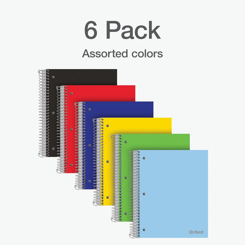 Oxford 3 Subject Spiral Notebook, College Ruled, 6 Pack, Water Resistant Poly Cover, 150 Sheets