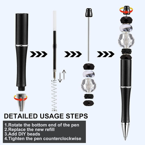 Whaline 24Pcs Beadable Pen, Black Gold Silver Ballpoint Gel Ink Pen, Retractable Writing Pens with Extra Refills for