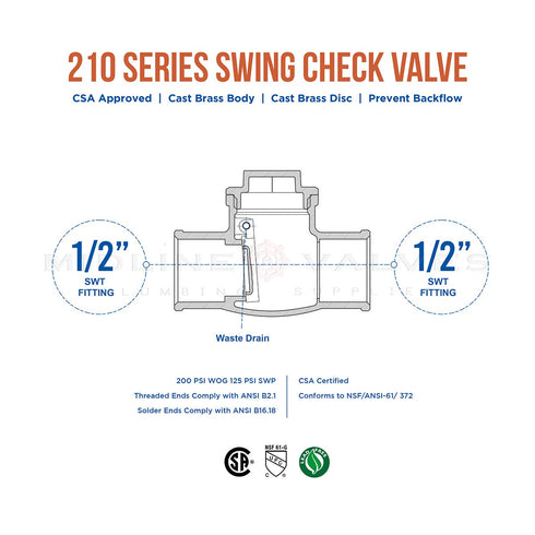Everflow Supplies 210C012-NL 1/2" Lead-Free Brass Swing Check Valve with Solder Cups