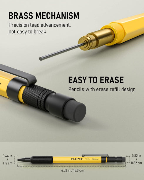 Nicpro 3 PCS 1.3 mm Mechanical Pencil Set with 36 Lead Refill, Heavy Duty Carpenter Pencil for Woodworking