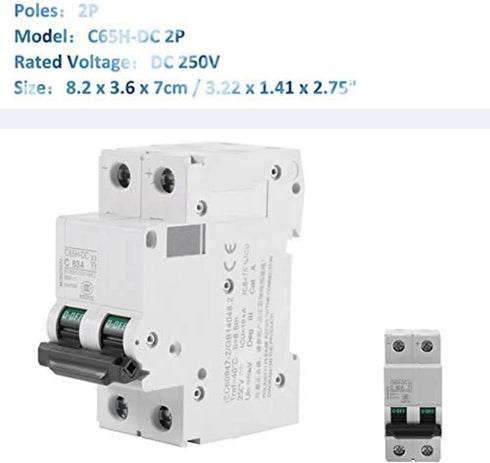2-Pole Circuit Breaker 250V DC 2P Miniature Circuit Breaker 16A/32A/63A for Solar Panels Grid System (63A)