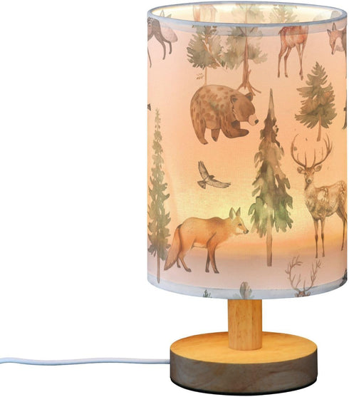 YYZZH Table Lamp Watercolor Animal Forest Tree Deer Fox Bear Nightstand Lamp with Wood Base Fabric Lamp Shade Bedside