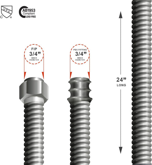 Flextron FTWC-S34-24F 24" Corrugated Connector for Water Heater with 3/4" Fip and 3/4" Pex Ends, Stainless Steel by Flextron