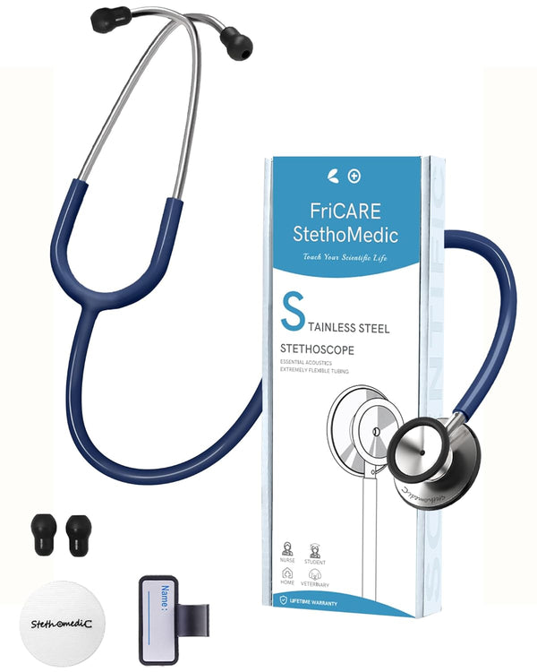FriCARE Dual Head Stethoscope for Nurses, Medical Students, Navy Blue Tube, Stainless Steel Chestpiece