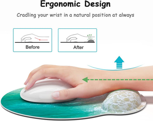 Ergonomic Mouse Pad with Wrist Support, Beach Style Memory Foam Mouse Pads, Cute Office Accessories Decor, Pain Relief