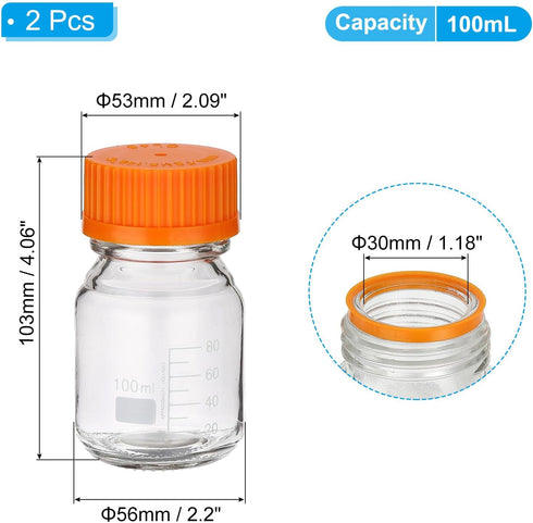 PATIKIL 2 Pack Reagent Media Storage Bottles, 100ml Borosilicate Glass Graduated Round Bottles with Orange GL32 Screw Cap for Lab Water Reagent Liquids, Clear by PATIKIL
