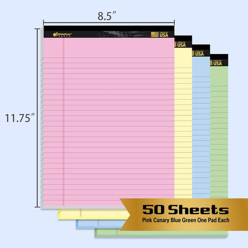 KAISA Colored Legal Pads 8.5" x 11" Note Pads Wide Ruled Writing Pads 50 Sheets Perforated Notepads 20lb Heavyweight Rigid Back Premium Legal Pads 4 Colored Lined Paper 4Pads by KAISA