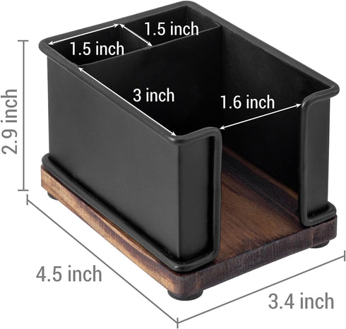 MyGift Modern Industrial Matte Black Metal Office Organizer, Sticky Note Holder with Rustic Solid Wood Base