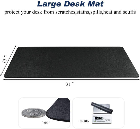 Desk Pad for Office Home, 31" x 13", PU Leather Waterproof Large Writing Mat Organizer, Black
