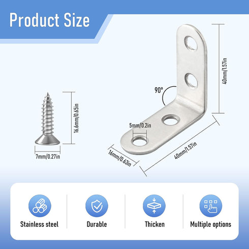 HOME MASTER HARDWARE Bracket,40pcs Sets,90 Bracket,(1.57 1.57 in,40 40 mm) Stainless Steel Corner L Corner Brace Degree