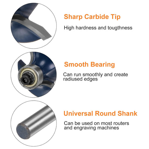 1/4 1" HARFINGTON Roundover Router Bit Shank Radius Carbide Tipped Edge Rounding Over Bit with Bearing Guide