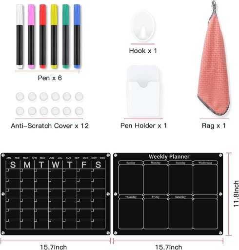 Magnetic Acrylic Monthly and Weekly Calendar for Fridge, Black Dry Erase Planning Board with 6 Colorful Markers and Pen