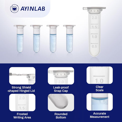 Microcentrifuge Tubes 2ml, AyinLab 500pcs Polypropylene Plastic Tubes with Leak-Proof Snap Caps