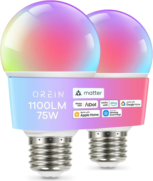 OREiN Matter Smart RGBTW Bulb, 1100 Lumens 75W Equivalent, Color Changing Light Bulbs, A19 Smart Bulbs 2.4Ghz WiFi