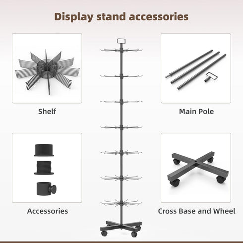 7 Retail Display Racks Tier Spinning Display Stand, Movable Shop Spinner Rack with Hooks, Retail Display Stand
