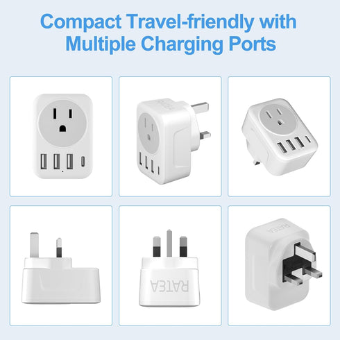 UK Ireland Travel Plug Adapter, RATEA Type G Power Adaptor with 3 USB-A, 1 USB-C Outlet Charger for US to UK