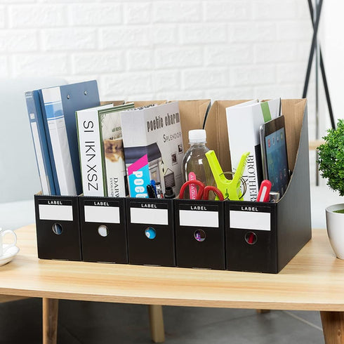 Foldable Desk File Holder Organizer - Sturdy Cardboard Magazine Storage Box with Blank Label Stickers, Matte Black