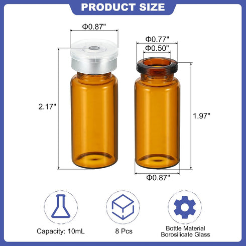 PATIKIL 10ml Sample Vials, 8 Pack Lab Empty Vials with Butyl Rubber Stopper and Crimp Top Caps Borosilicate Glass Vial, Amber by PATIKIL