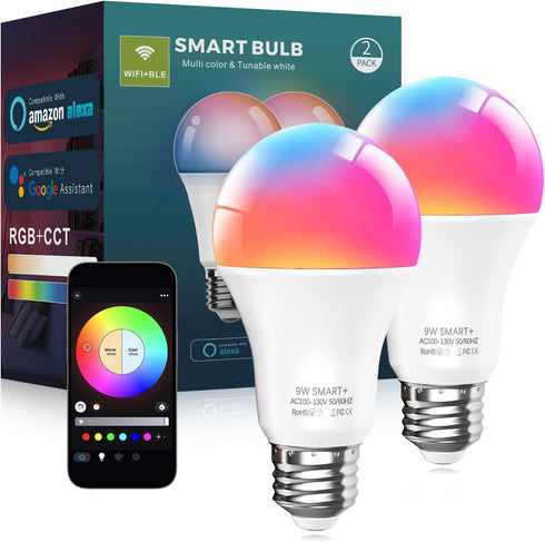 Smart Light Bulbs, 9W A19 E26 800LM, WiFi Bluetooth LED Bulbs, Compatible with Alexa & Google Assistant, 2 Pack