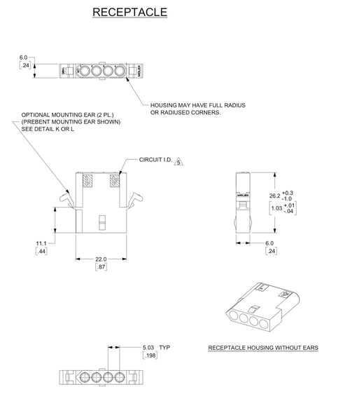 Molex 4-Circuits Connector with 14-20 AWG .093" Pins, Panel Mount (Pack of 3)