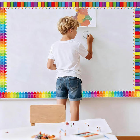 52 Runtoo Feet Bulletin Board Borders Crayon and Pencil Die-Cut Rolled Boho Rainbow Border Decorations Scalloped Trim