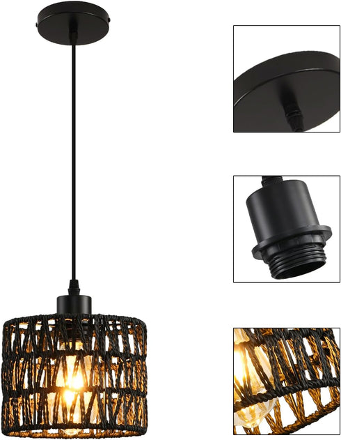 KENMI Woven Pendant Light Boho Chandelier, Rattan Pendant Lights Kitchen Island, Farmhouse Pendant Lighting with Hand