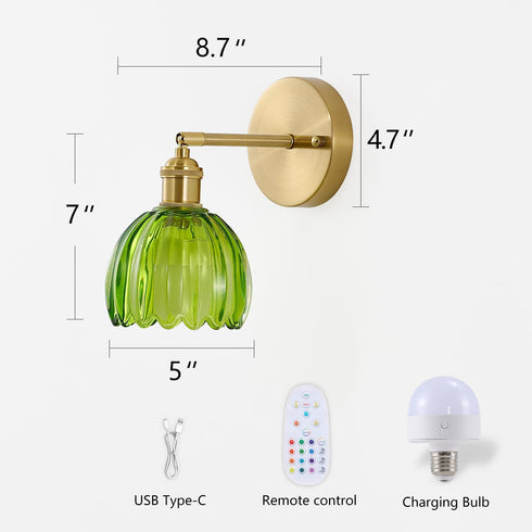 1 Pack, 12 Inch Vintage Battery Operated Wall Sconce Green Tulip Glass Shade Gold Wall Lamp with Cable Switch, Modern