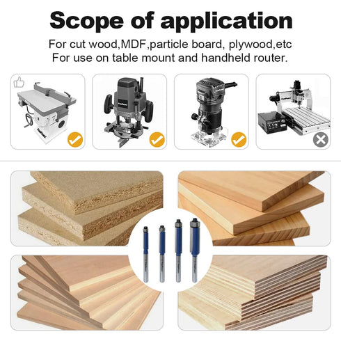 FivePears 4Pcs Flush Trim Router Bits Set, 1/4 Inch Shank, Bottom Bearing for Woodworking, Various Diameters