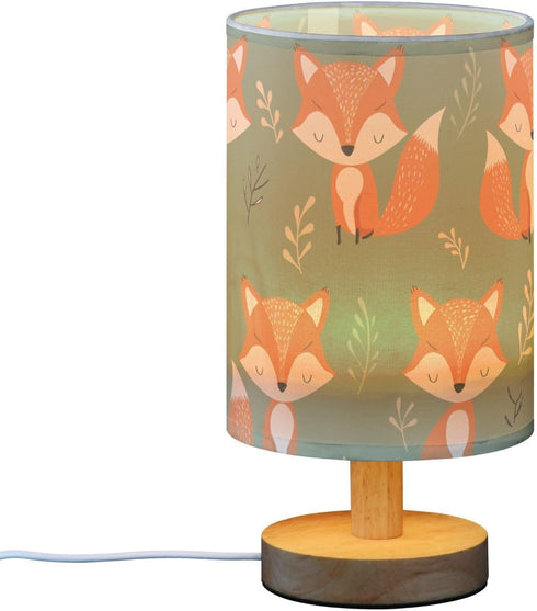 Bseiialft Fox Leaves Green Bedside Table Lamp Nightstand Lamp with Wood Base Night Light Linen Fabric Shade for Bedroom