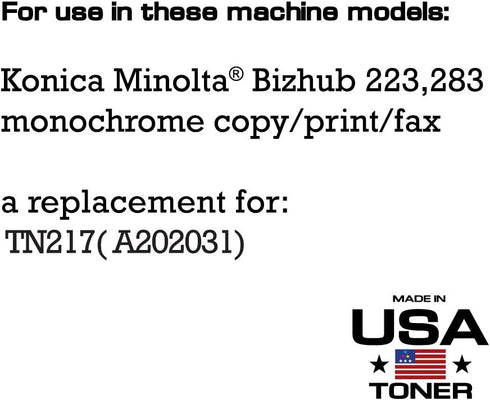 MADE IN USA TONER Compatible Replacement for Konica Minolta Bizhub 223, 283, TN-217, A202031 (Black, 1 Cartridge)