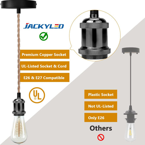 E26 E27 JACKYLED UL Boho Pendant Light Kit, Hemp Rope Light Fixture with Adjustable Hanging Light Cord & Light Socket