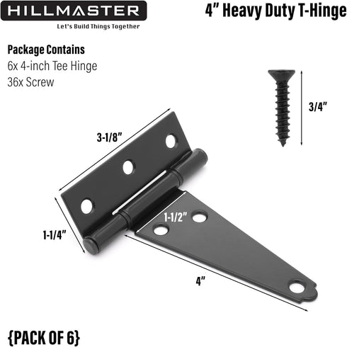 HILLMASTER 4 Inch Rustproof(6 Pack) T-Strap Hinges Heavy Duty Shed Door Hinges Gate Strap Hinges Black Tee Hinge