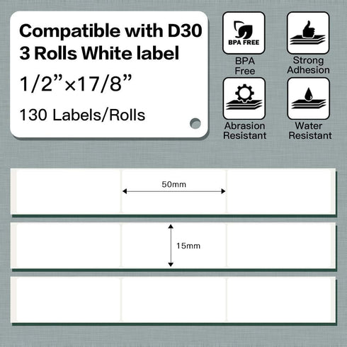 Phomemo D30 Label Tape - Self-Adhesive D30 Labels, 1/2" X 1 7/8", 130 Labels/Roll, 3 Roll