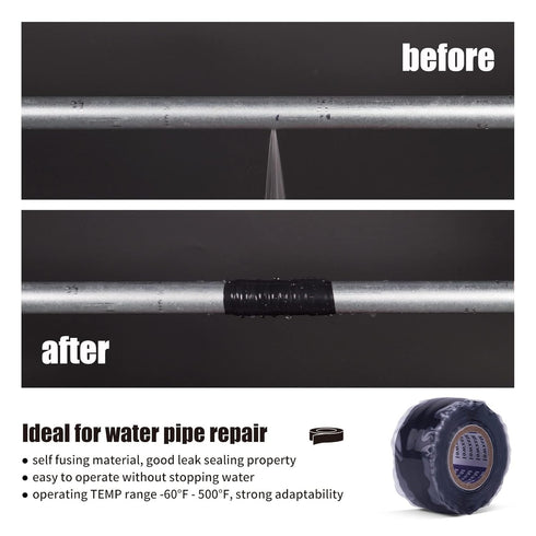 Self Fusing Silicone Tape Leak Seal - 1 In 10 Ft Black, No Adhesive Waterproof Silicon Rubber Self Amalgamating Tape